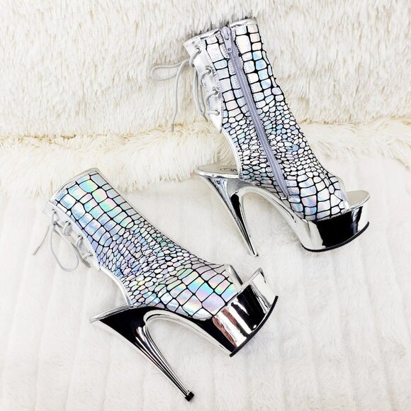 Brand New Delight 1018HG Sexy Silver Hologram Platform Heels Ankle Boots - Picture 4 of 16